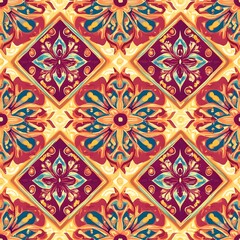 Indian patola seamless pattern with intricate motifs and colorful gradients