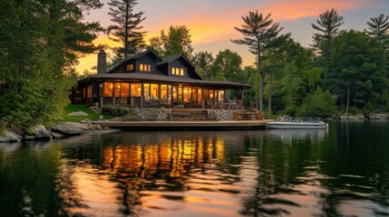 Fototapeta premium Cozy lakefront cabin with dock reflecting a warm sunset