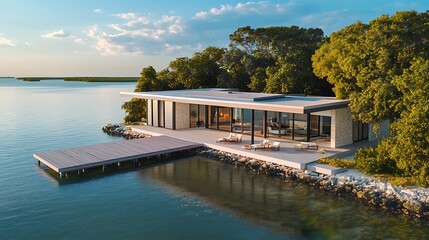 A contemporary waterfront home with a flat roof, spacious terraces, and a small pier extending into a calm bay.
