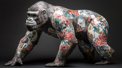 Obraz premium Ornate Gorilla Sculpture Adorned With Asian Floral Designs