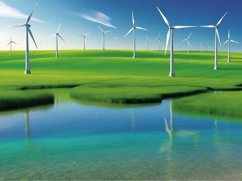 A serene landscape of a lush green field, a crystal-clear river, a sustainable wooden house equipped with solar panels, and a wind turbine against a vast blue sky, illustrating harmony between nature,