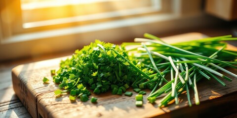 Freshly Chopped Herbs Ready for Culinary Use on a Wooden Cutting Board Bathed in Warm Sunlight
