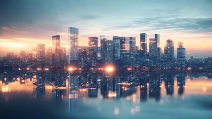 Fototapeta premium Stunning cityscape reflected in calm water at sunset.