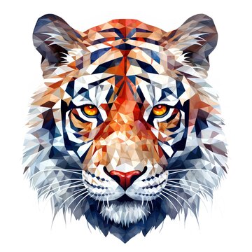 Majestic Polygonal Tiger: A Stunning Low Poly Portrait of a Bengal Tiger's Head, Vibrant Colors and Geometric Details