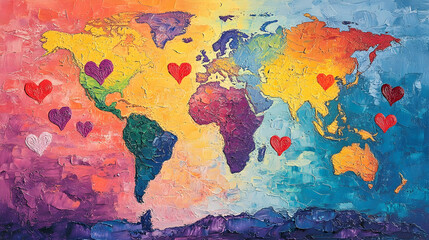 Global love map artwork vibrant color palette mixed media abstract creative perspective embracing unity across continents