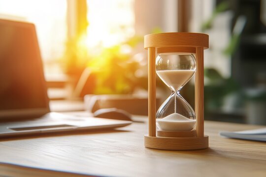 Time Management: Hourglass on Wooden Desk near Laptop - Powered by Adobe