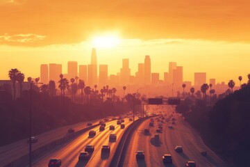 Majestic Sunset Over Urban Skyline with Palm Trees and Highway in Los Angeles, California, Creating a Stunning Evening Atmosphere in the City