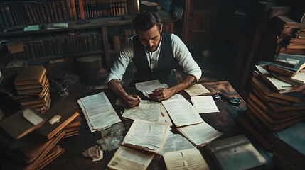 Intense research session vintage library scholar at work cozy environment overhead view knowledge discovery