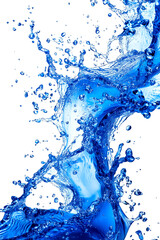 A splash of blue water with many small droplets. The water is splashing out of a container and is in the air