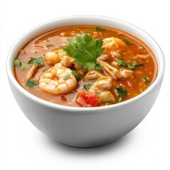 A bowl of spicy seafood gumbo with shrimp and crab, isolated white background, hyperrealism art style