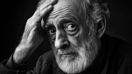 Elderly Man Contemplating With Hand On Forehead
