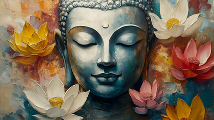 Buddha's serenity an artistic representation of tranquility with lotus flowers in a vibrant setting