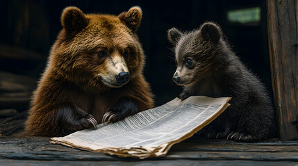 Bear family reading together in a cozy den wildlife scene nature photography intimate setting family bonding moment