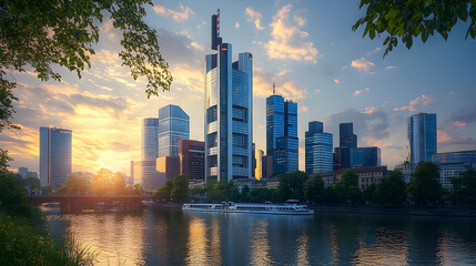 Fototapeta premium Sunset over frankfurt skyline urban landscape cityscape photography riverfront view aesthetic architecture for seo