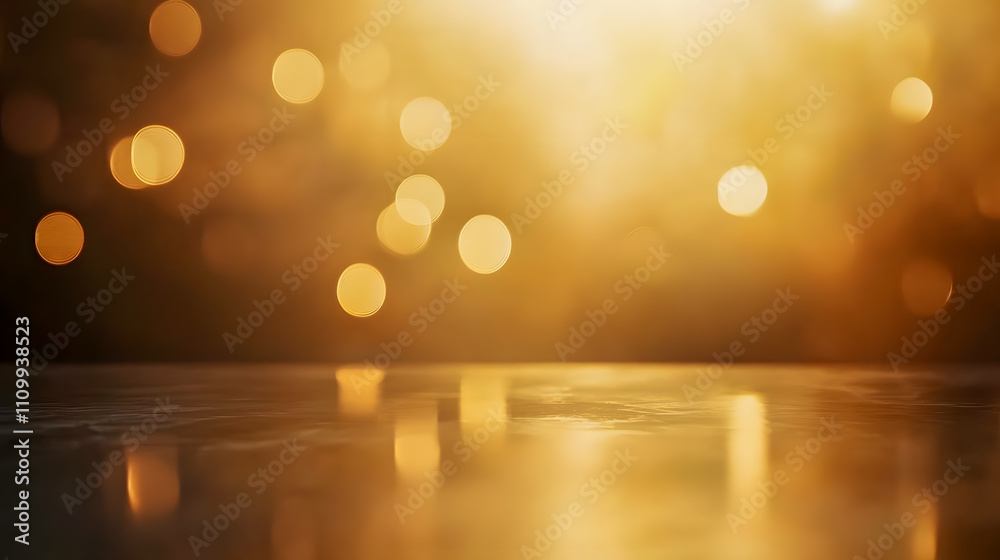 Poster golden bokeh background with soft light effects and reflections on a smooth surface for elegant desi