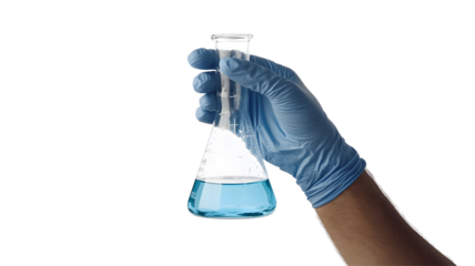 Hand holding a flask with blue liquid for experiments.