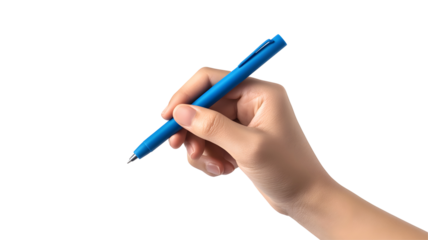 Hand holding a blue pen ready to write.