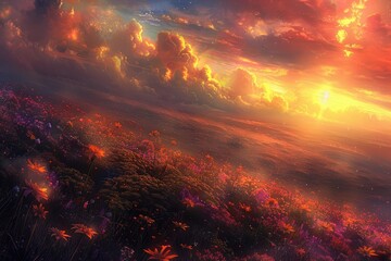 Naklejka premium A Field of Flowers at Sunset with a Dramatic Sky