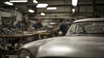 Skilled craftsmen at a repair workshop industrial space action shot