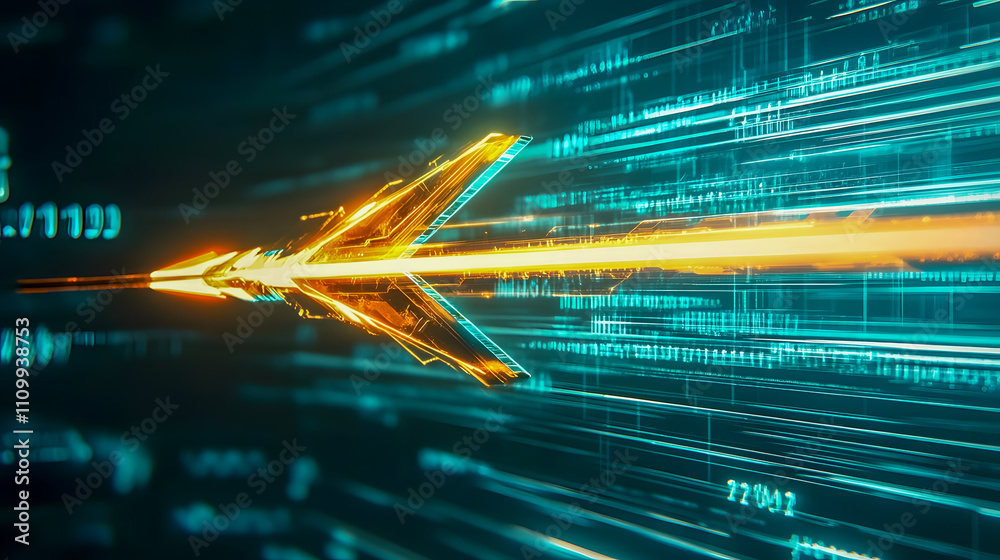 Poster futuristic arrow symbolizing speed and progress in abstract digital space with glowing light trails 