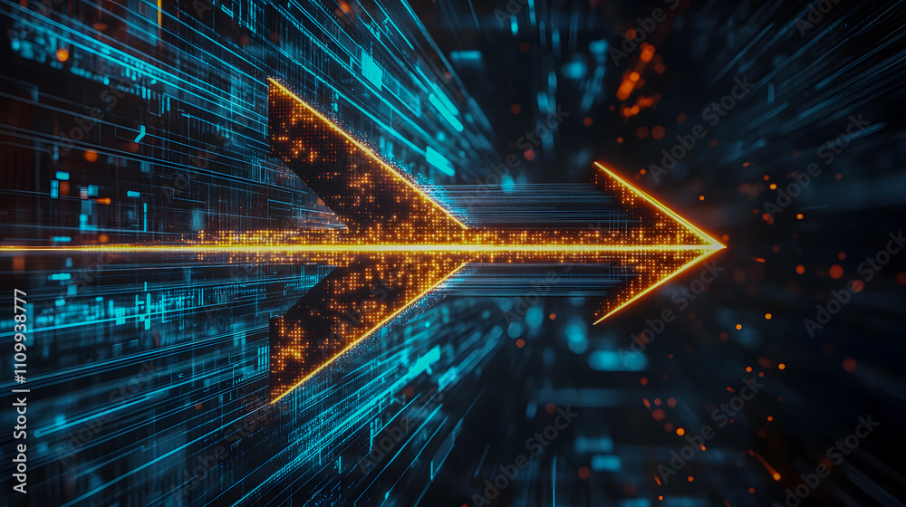 Poster dynamic arrow design with futuristic neon light effects and data flow representing speed technology 