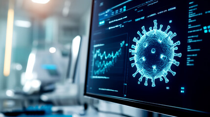 A digital display shows a virus visualization alongside data analytics, emphasizing research and technology in virology.