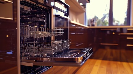 Modern Kitchen with Open Dishwasher and Sleek Cabinet Design