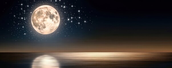 Naklejka premium A serene night scene featuring a bright moon reflecting on calm ocean waters.