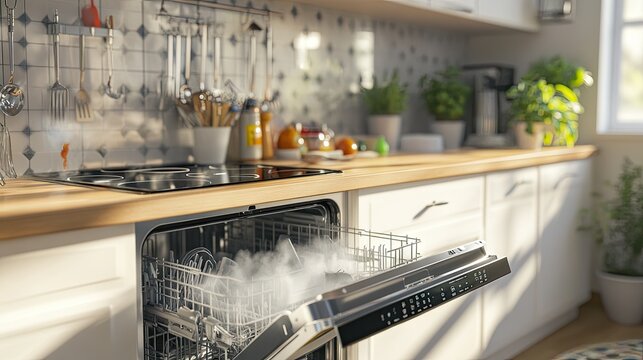 Modern Kitchen with Open Dishwasher Releasing Steam and Dishes