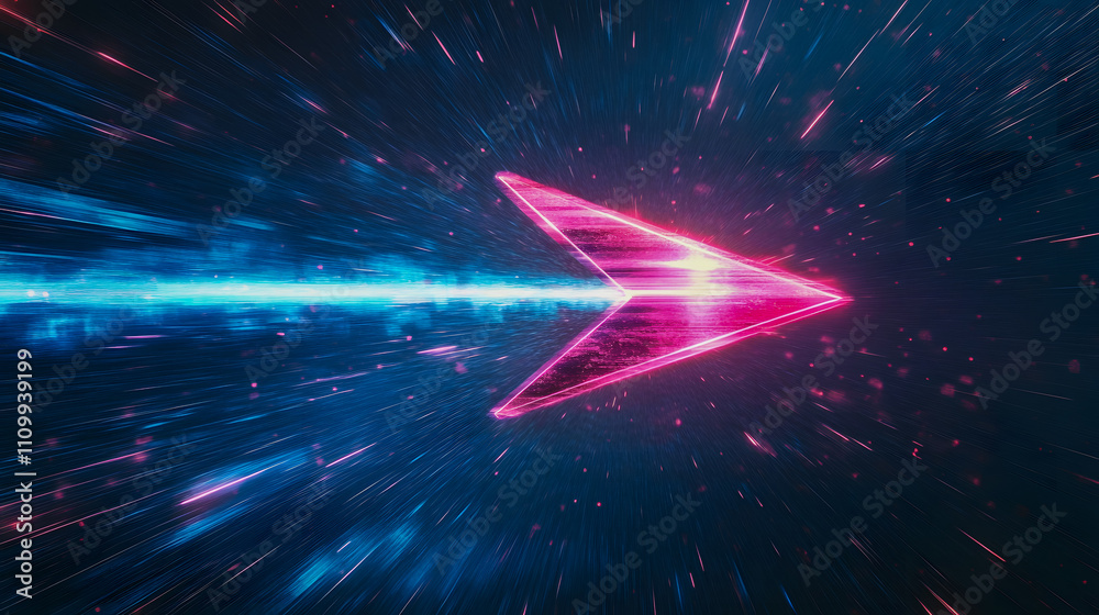 Poster dynamic and vibrant neon arrow with motion blur effect representing fast movement in a futuristic di