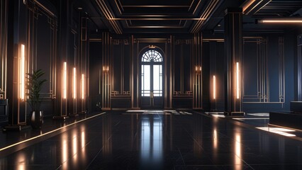 Naklejka premium Black Art Deco interior with bold geometric patterns and metallic accents