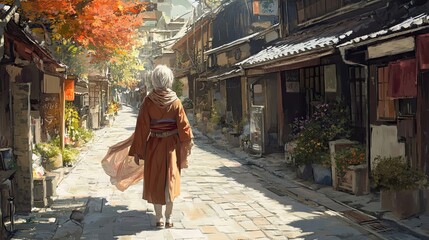 Fototapeta premium Person in Autumnal Kimono Walks Down Ancient Street
