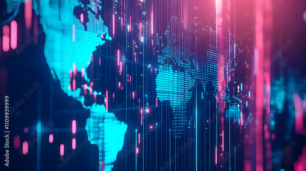 Poster futuristic digital world map with neon lights and data visualization elements for technology and inn