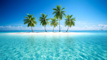 Tranquil Tropical Paradise with Crystal Clear Water and Lush Palm Trees on a Serene Beach Island Under Bright Blue Sky