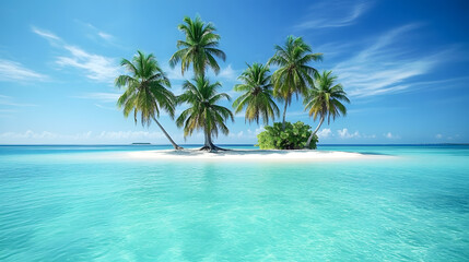 Obraz premium Tranquil Tropical Paradise with Palm Trees and Crystal Clear Water on a Private Island in the Middle of the Ocean Under a Bright Blue Sky