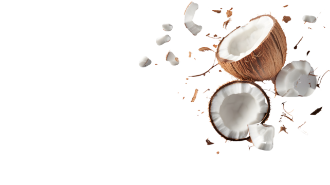 Coconut halves and pieces arranged artistically.