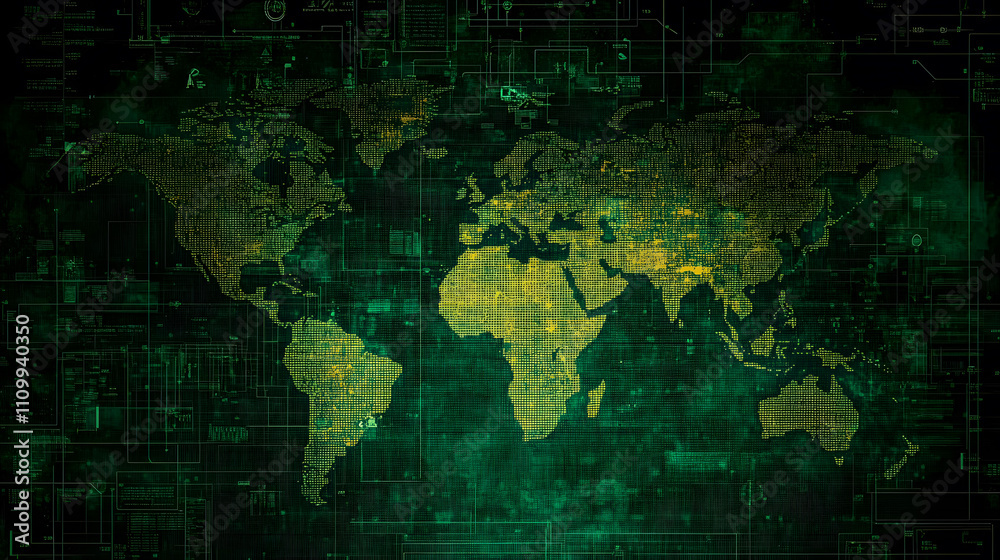 Poster abstract digital world map in shades of green with glowing lights and circuit pattern background rep