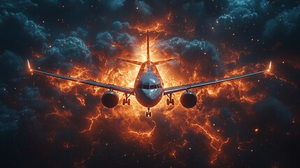 Commercial Airplane Piercing Through Storm Clouds with Lightning in the Distance
