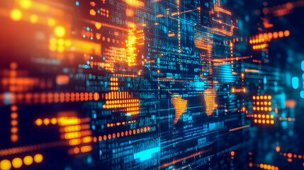 Obraz premium Abstract digital world map illustration with vibrant data streams and glowing binary code background for technology and global connectivity themes