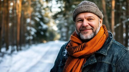 Smiling Man in Winter Forest Landscape