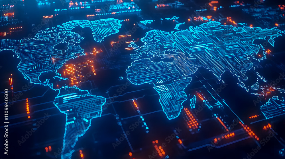 Poster abstract digital world map with glowing circuit lines and data patterns, representing technology and