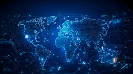Futuristic World Map with Digital Circuitry Design Representing Technology and Global Connectivity in Blue Tone