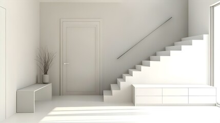 Minimalist White Hallway with Modern Staircase and Built-in Storage