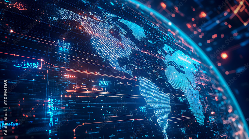Poster abstract digital world map with glowing connections representing global technology and data transfer