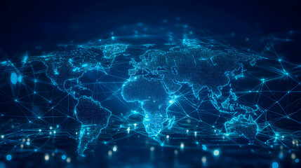 Fototapeta premium Futuristic digital world map with glowing connections and networks representing global communication and technology in a dark blue background