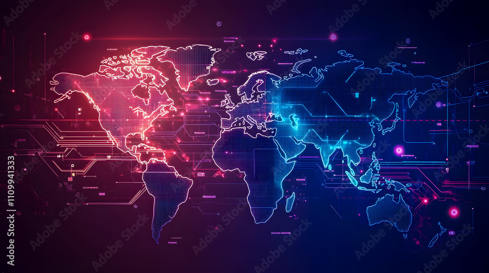 Poster abstract digital world map with glowing connections and data streams in vibrant colors on a dark bac
