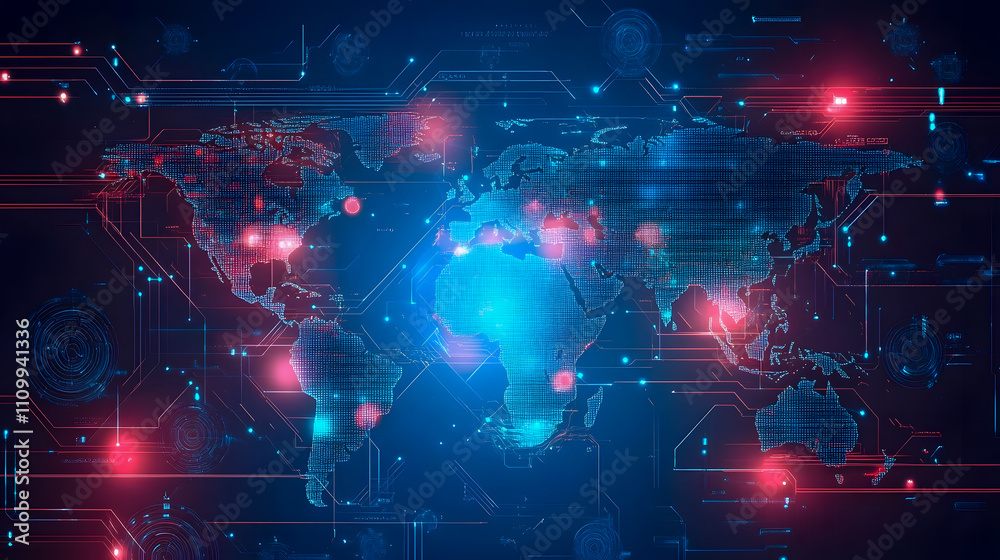 Poster digital world map with neon effects, global network visualization, technological abstract design, cy