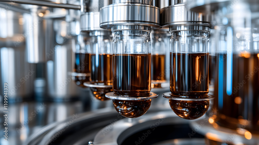Poster a close-up view of automated machinery filling glass vials with brown liquid in a modern industrial 