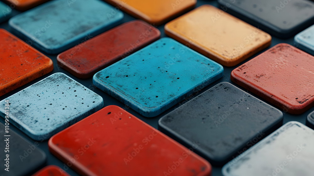 Poster A close-up view of colorful rectangular tiles arranged in a pattern, showcasing various shades and textures, creating a visually appealing mosaic effect