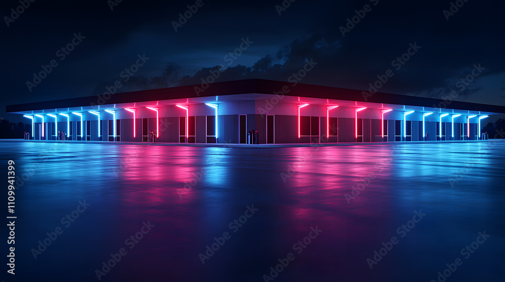 Poster a futuristic building illuminated by blue and red lights, reflecting on a wet surface, set against a